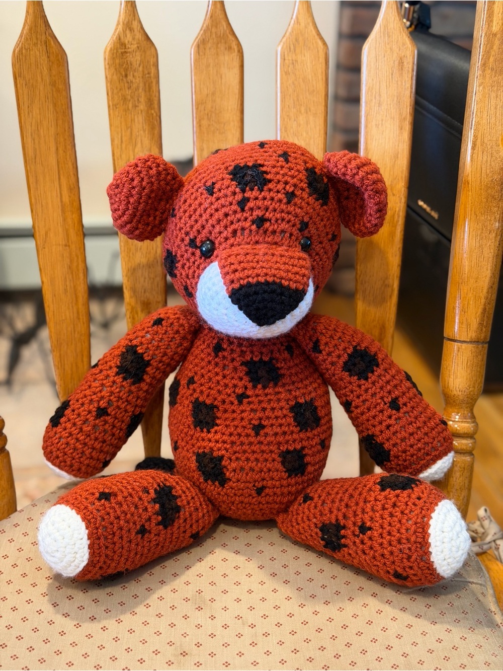 Crocheted Rust Red & Black Spotted Plush Teddy Bear
